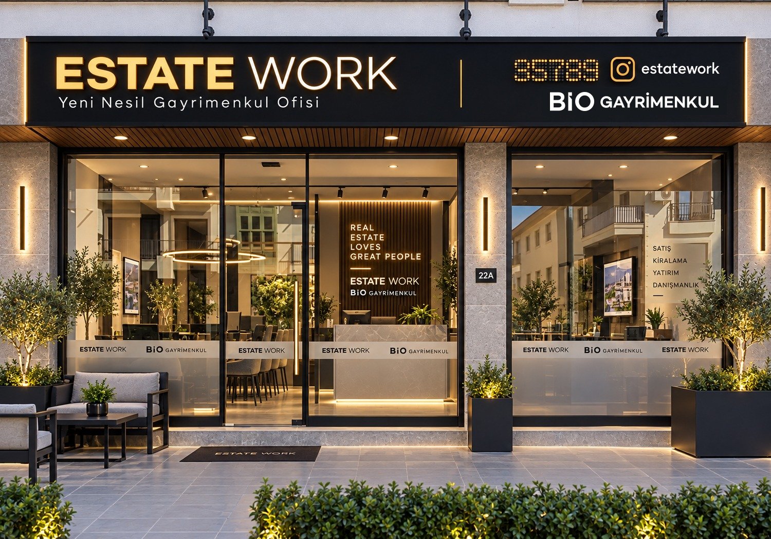 Estate Work ofisinin dış cephesi ve sıcak ışıklı karşılama alanı