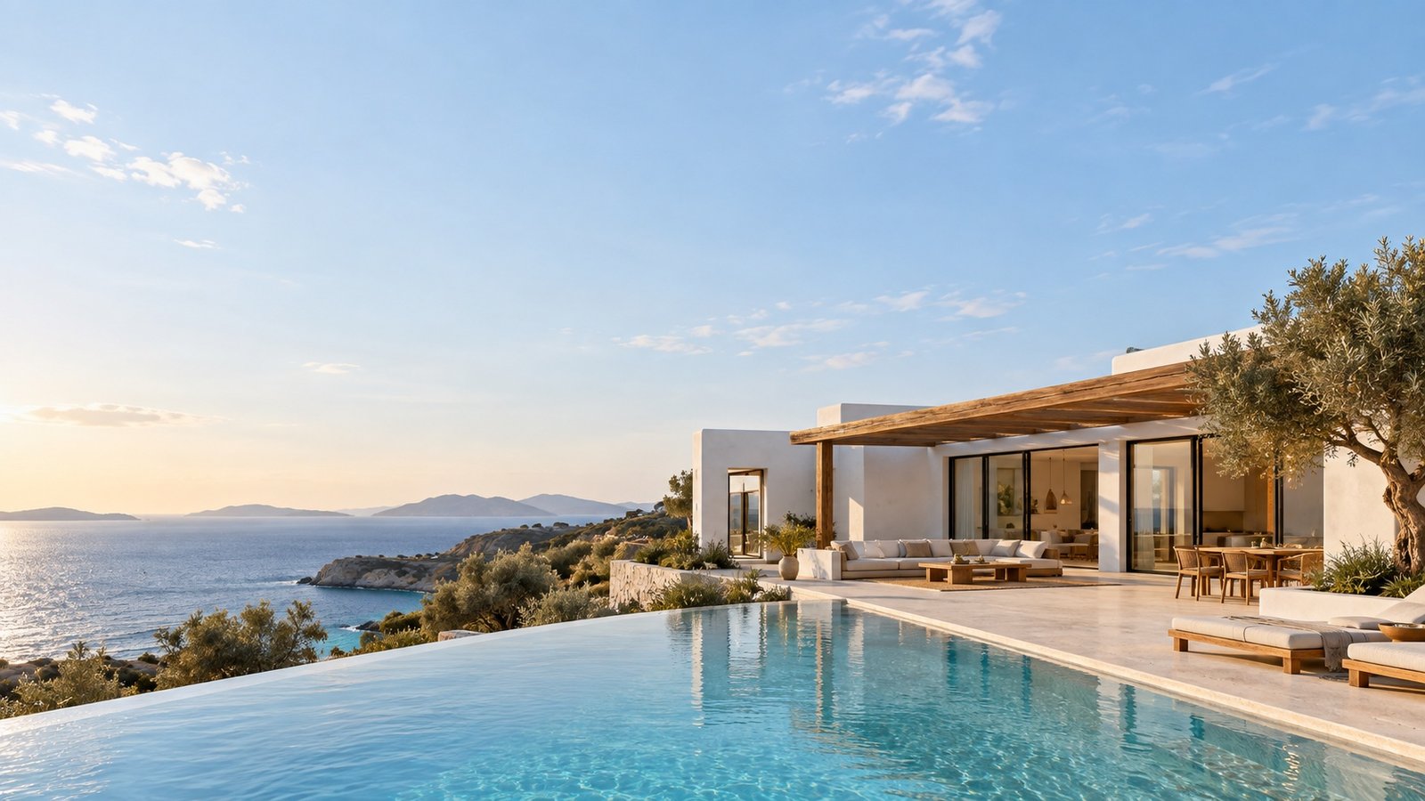 Deniz manzaralı, havuzlu çağdaş beyaz villa; temsili görsel